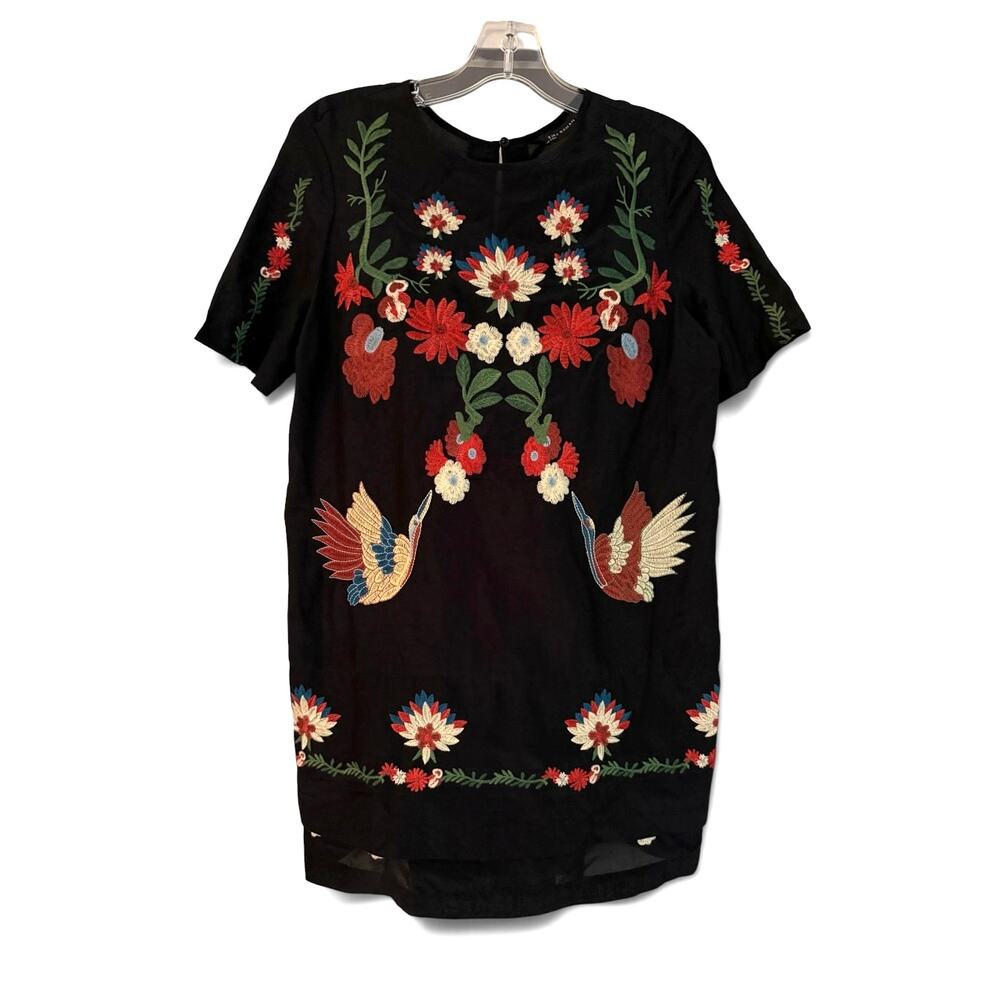 Zara Woman Black Bird Floral Embroidered Shift Mini Dress Tunic Boho XS